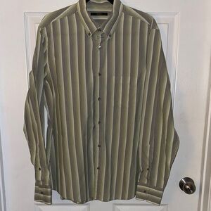 Gucci Mens Olive Green and Gray Striped Button Down Shirt 43/17